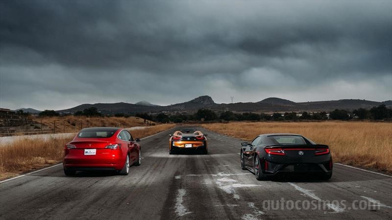 Tesla Model 3 vs BMW i8 Roadster vs Acura NSX