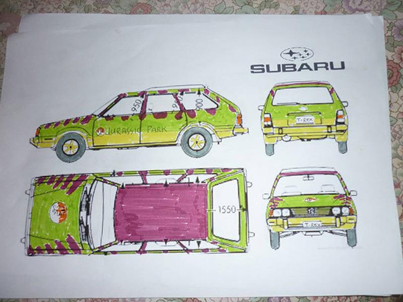 Subaru trasformado en vehículo de Jurassic Park