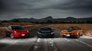 Acura NSX vs BMW i8 Roadster vs Tesla Model 3