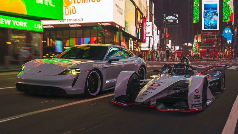 Porsche 99X Electric de la Fórmula E y el Taycan ruedan en las calles de Nueva York