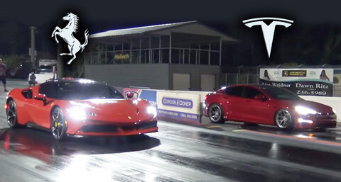 Video: mira quién gana tanda de “piques” entre un Tesla eléctrico y un Ferrari híbrido